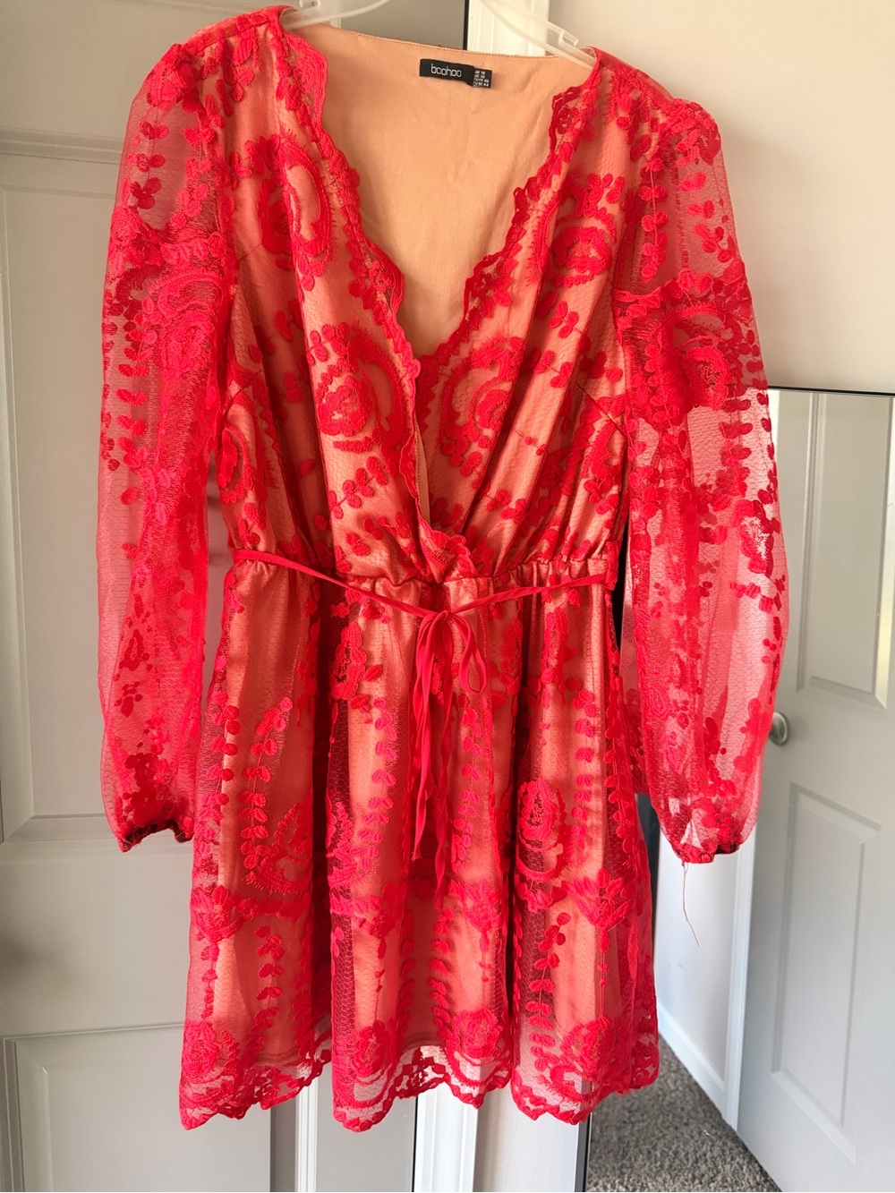 Boohoo Red Sheer Lace Wrap Mini Dress